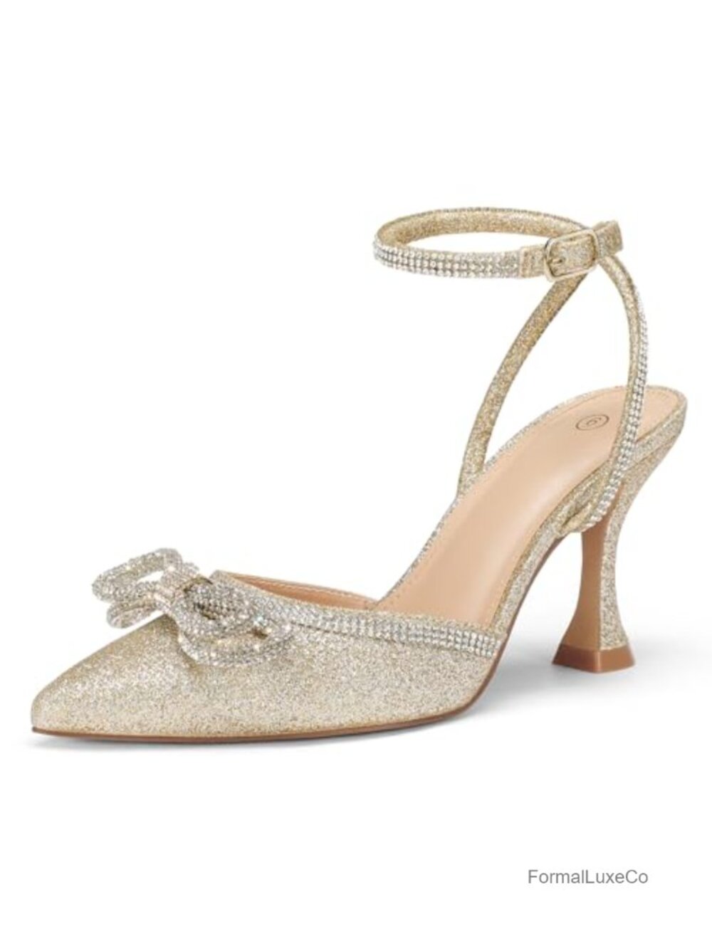 Rhinestone Bow Kitten Heels Wedding Dress Pumps Pointed Toe Ankle Strap 3in Heel